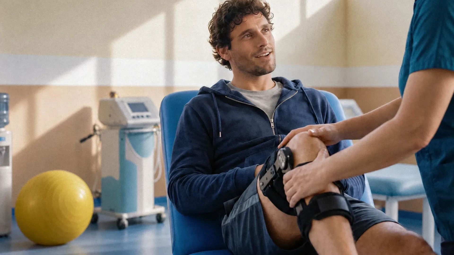 Aegon campaign image made with AI: a physiotherapist checks a man's knee brace during rehab