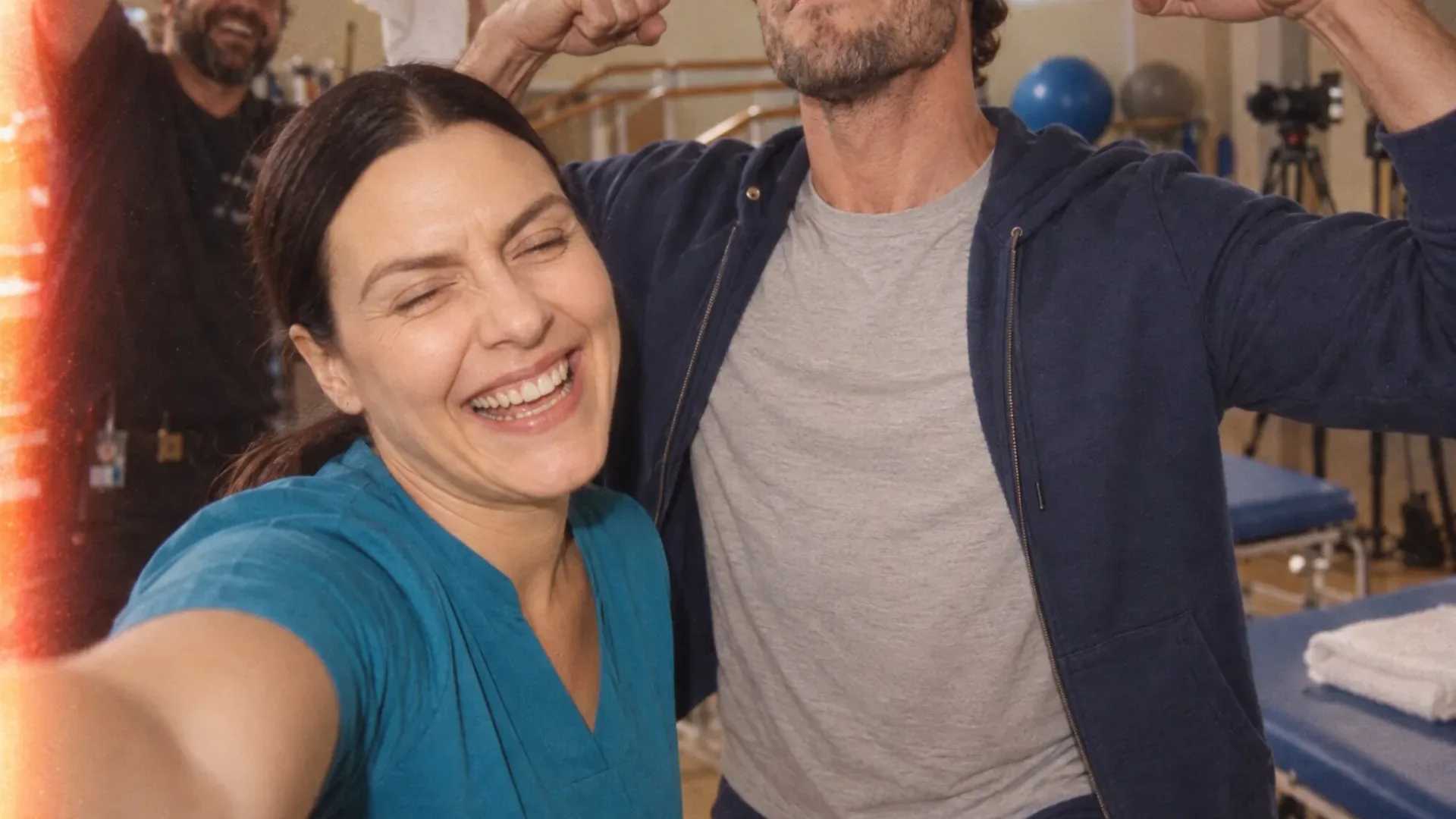 AI-generated mock behind-the-scenes photo: the rehab patient flexes beside his physiotherapist on set