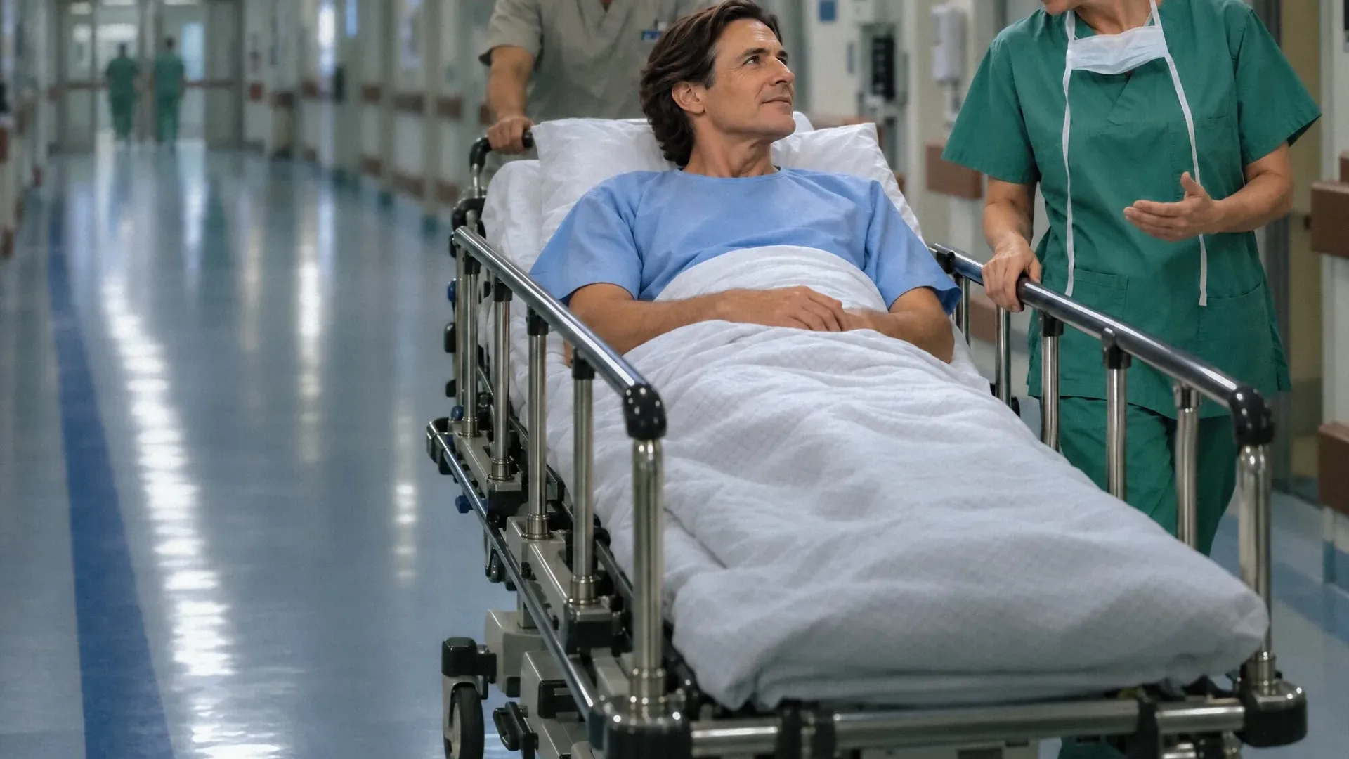 Aegon campaign image made with AI: a smiling patient is wheeled down a hospital corridor on a stretcher