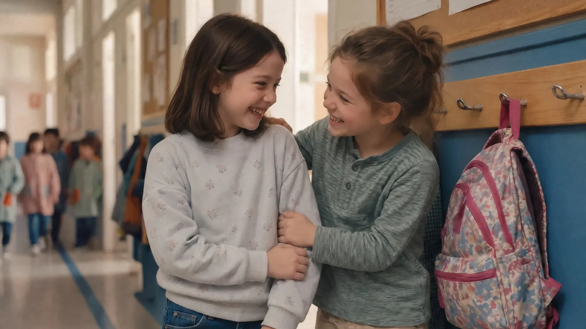 Aegon campaign image made with AI: two girls laugh together in a school corridor