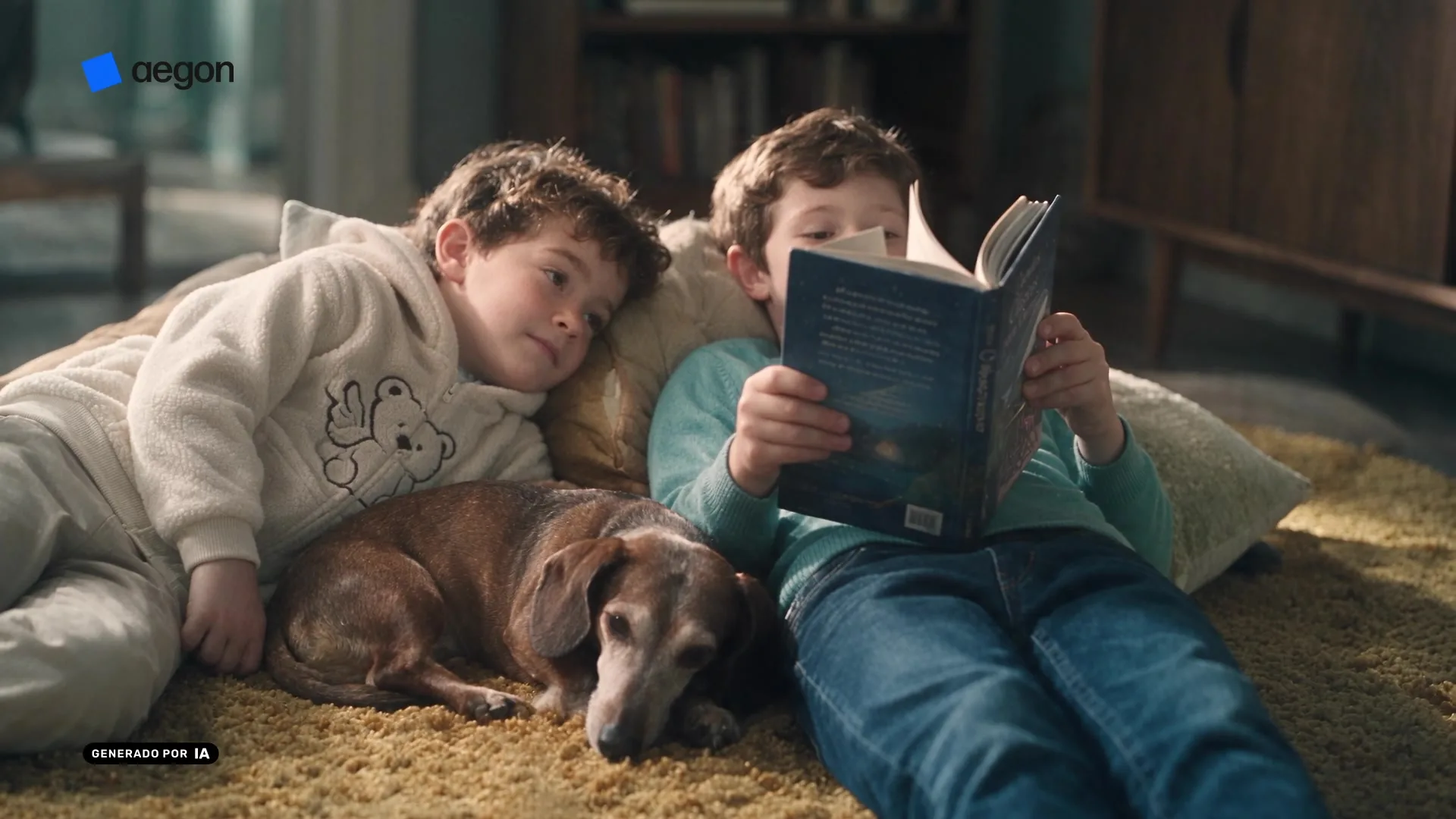 Still from the Aegon spot: two boys read a book lying on a rug beside a dachshund
