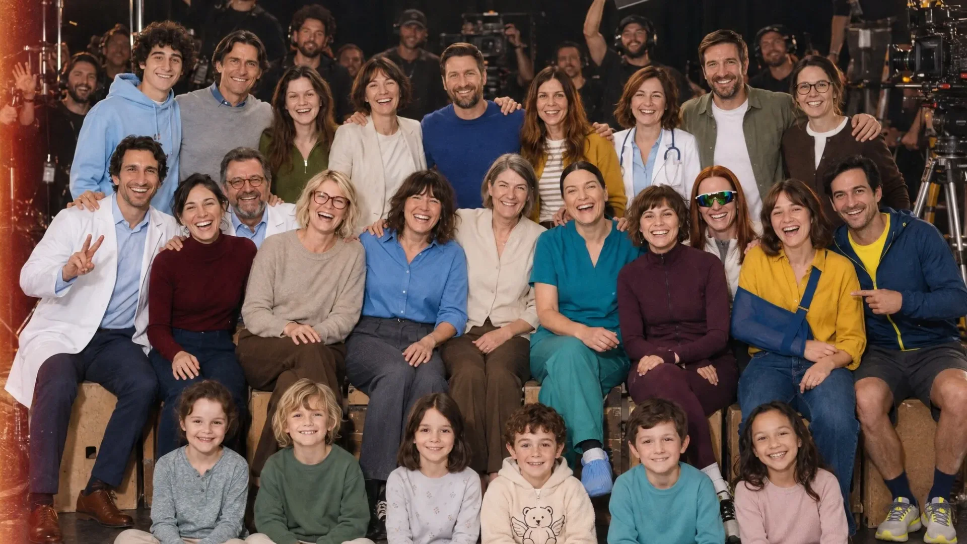 AI-generated mock group photo of the Aegon cast and an imaginary film crew on a studio set